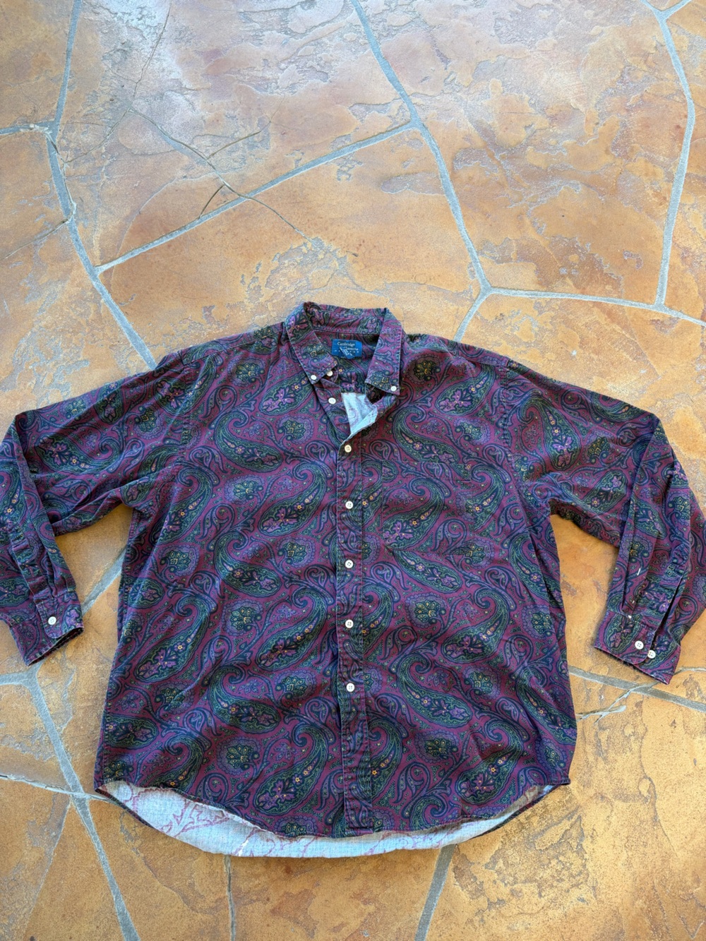 Vintage Cambridge Classics Cotton Button Down Paisley Purple Green Men's XL